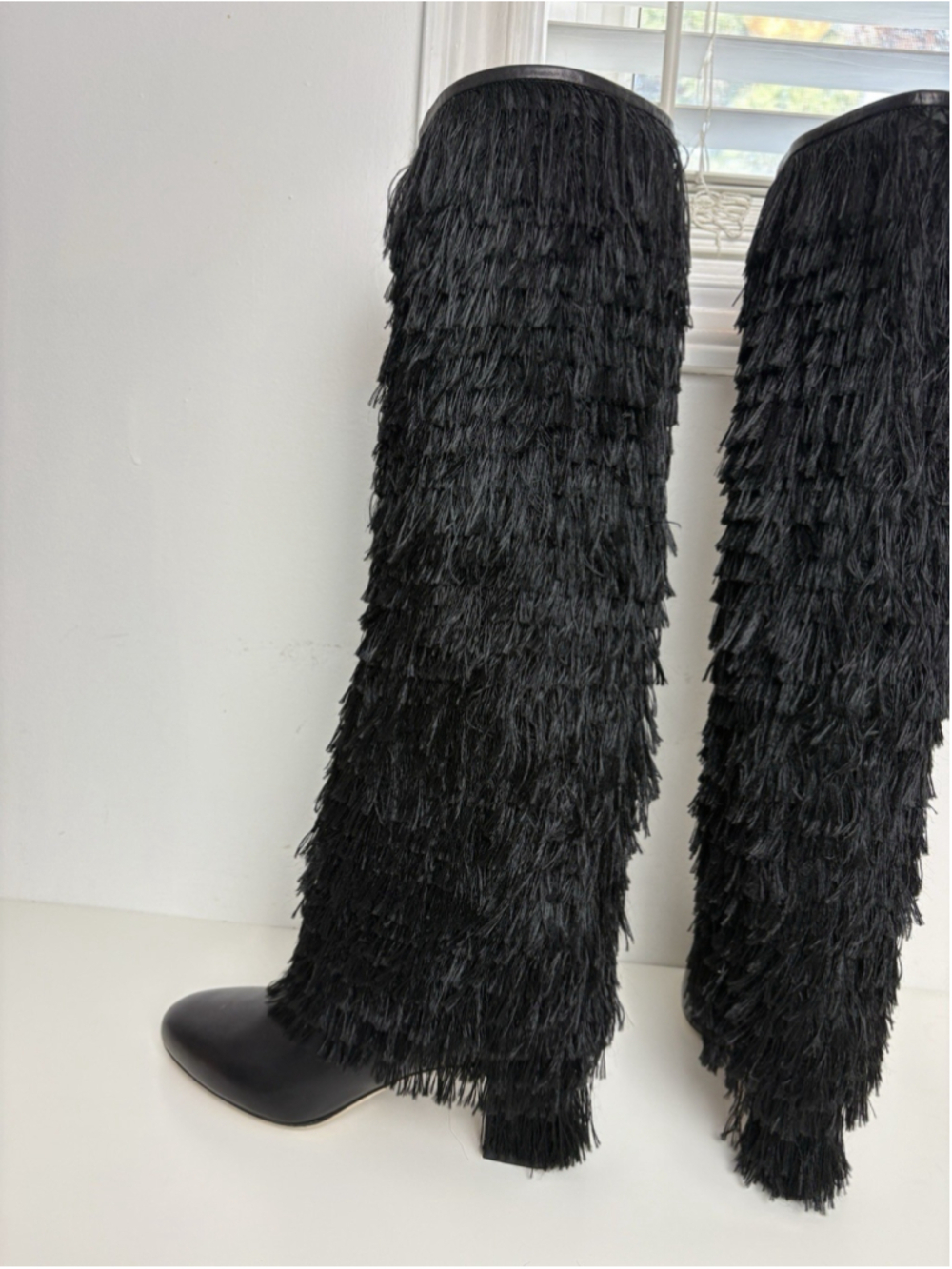 Jimmy Choo Knee High Boots Black Leather Size 37 Magalie Fringe - Picture 10 of 16